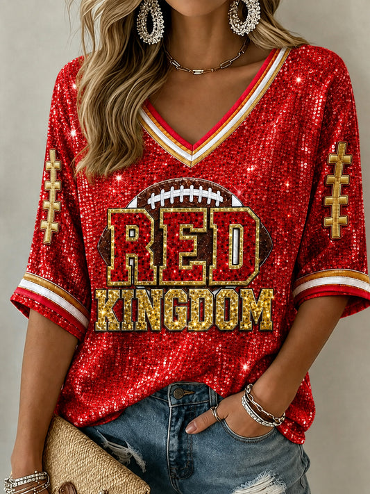 Women's Football Gameday Gift For Football Fans Mid-length Sleeves V-Neck T-Shirt