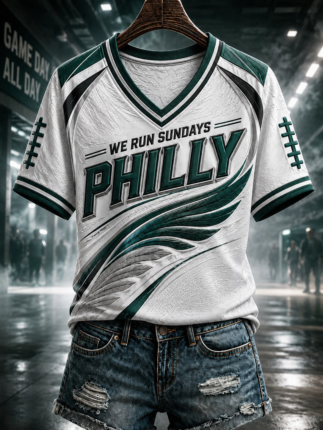 Women's Football Philly WE RUN SUNDAYS Printed V-neck T-shirt