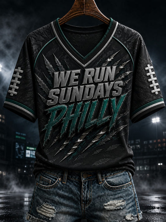 Women's Football Philly WE RUN SUNDAYS Printed V-neck T-shirt