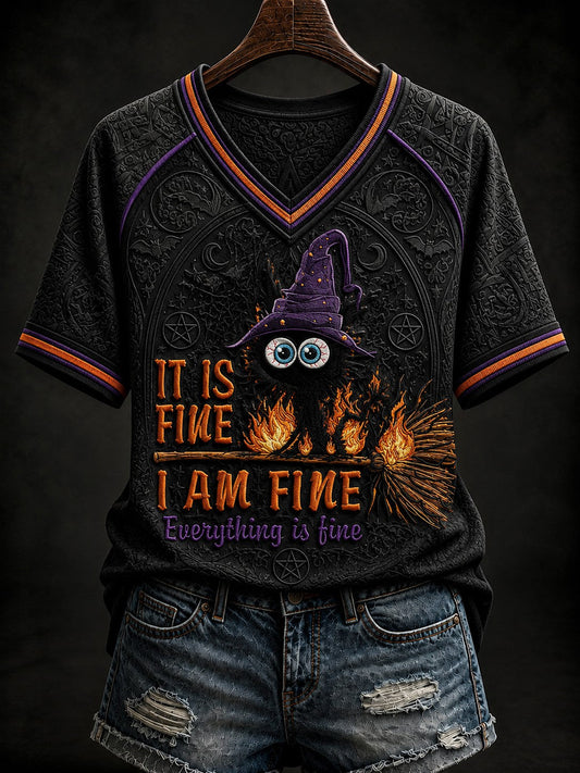Women's It Is Fine I Am Fine Everything Is Fine Cat Halloween Printed V-neck T-shirt