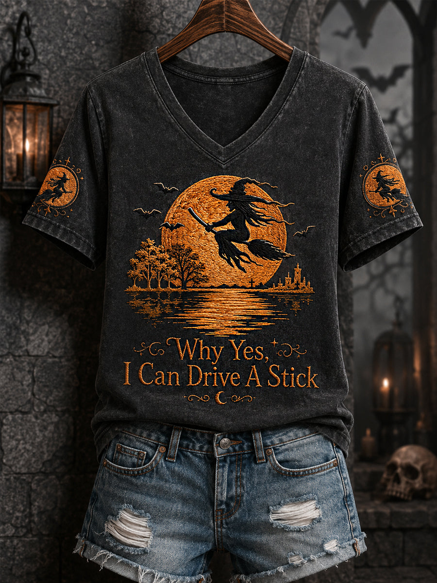 Women's Funny Halloween Witch Why Yes,Actually I Can Drive A Stick Print Casual V-Neck Tee