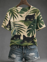Women's Cute cat print short-sleeved T-shirt