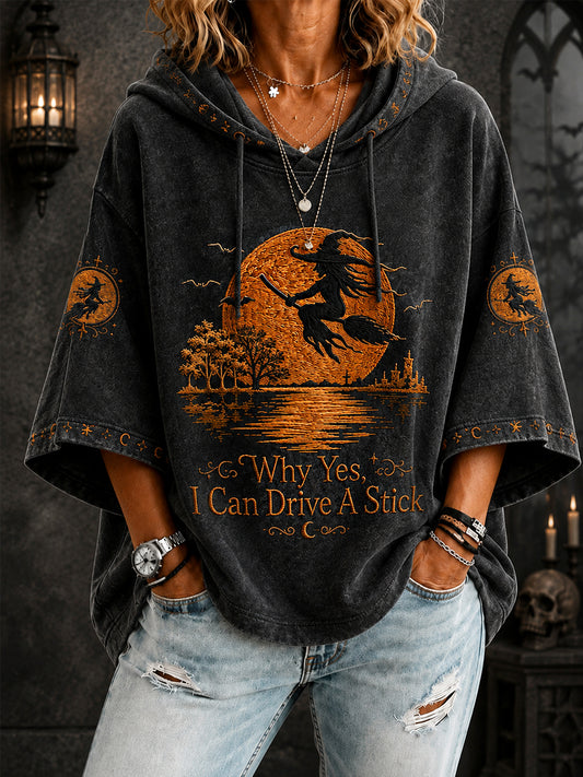 Women's Funny Halloween Witch Why Yes, I Can Drive A Stick Print Casual 3/4 Sleeve Hoodie