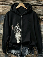 Women's Peeking French Bulldog & Paw Print Full Zip Hoodie