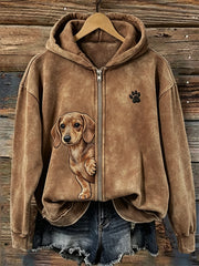Women's Peeking Dachshund Dog & Paw Print Full Zip Hoodie