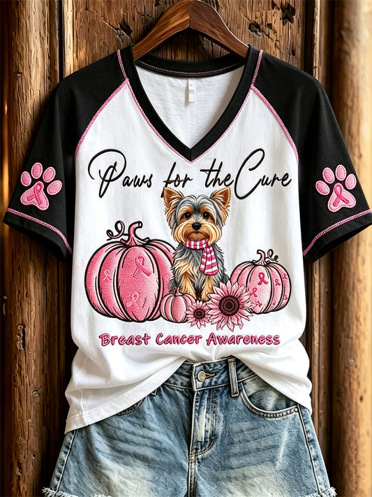 Women's Paws for the Cure Breast Cancer Awareness Yorkshire Dog & Pink Pumpkins Print short-sleeved T-shirt