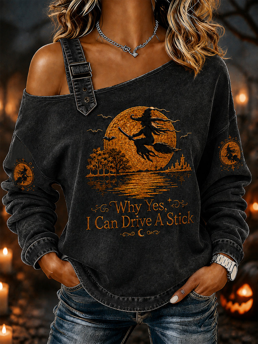 Women's Funny Halloween Witch Why Yes,Actually I Can Drive A Stick Print Casual Off-Shoulder Sweatshirt