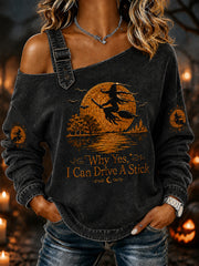 Women's Funny Halloween Witch Why Yes,Actually I Can Drive A Stick Print Casual Off-Shoulder Sweatshirt