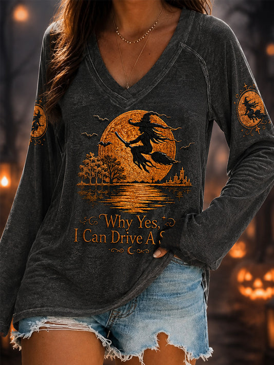 Women's Funny Halloween Witch Why Yes,Actually I Can Drive A Stick Print Casual V-Neck Tops