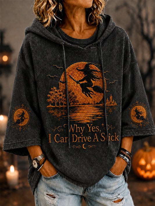 Women's Funny Halloween Witch Why Yes,Actually I Can Drive A Stick Print Casual Short-Sleeve Hoodie