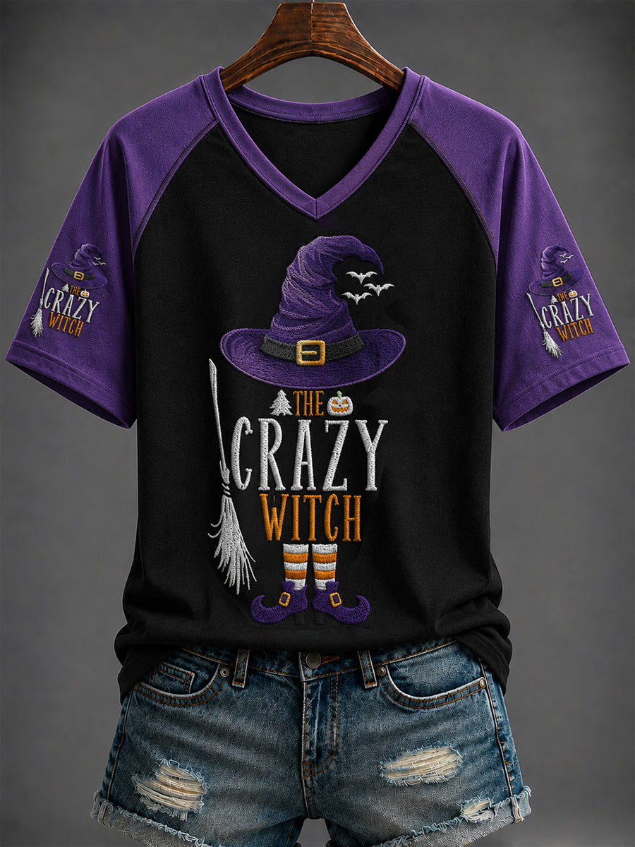 Women's Halloween “THE CRAZY WITCH” Printed V-neck T-shirt