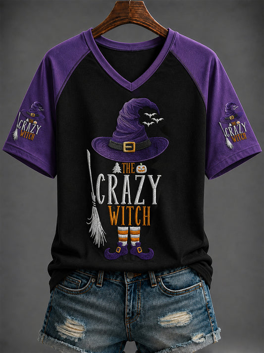 Women's Halloween “THE CRAZY WITCH” Printed V-neck T-shirt