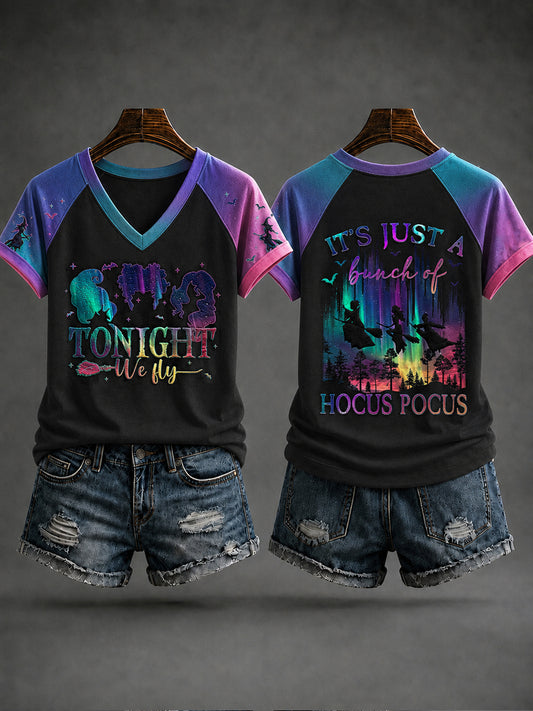 Women's Halloween “IT'S JUST A BUNCH OF HOCUS POCUS” Printed V-neck T-shirt