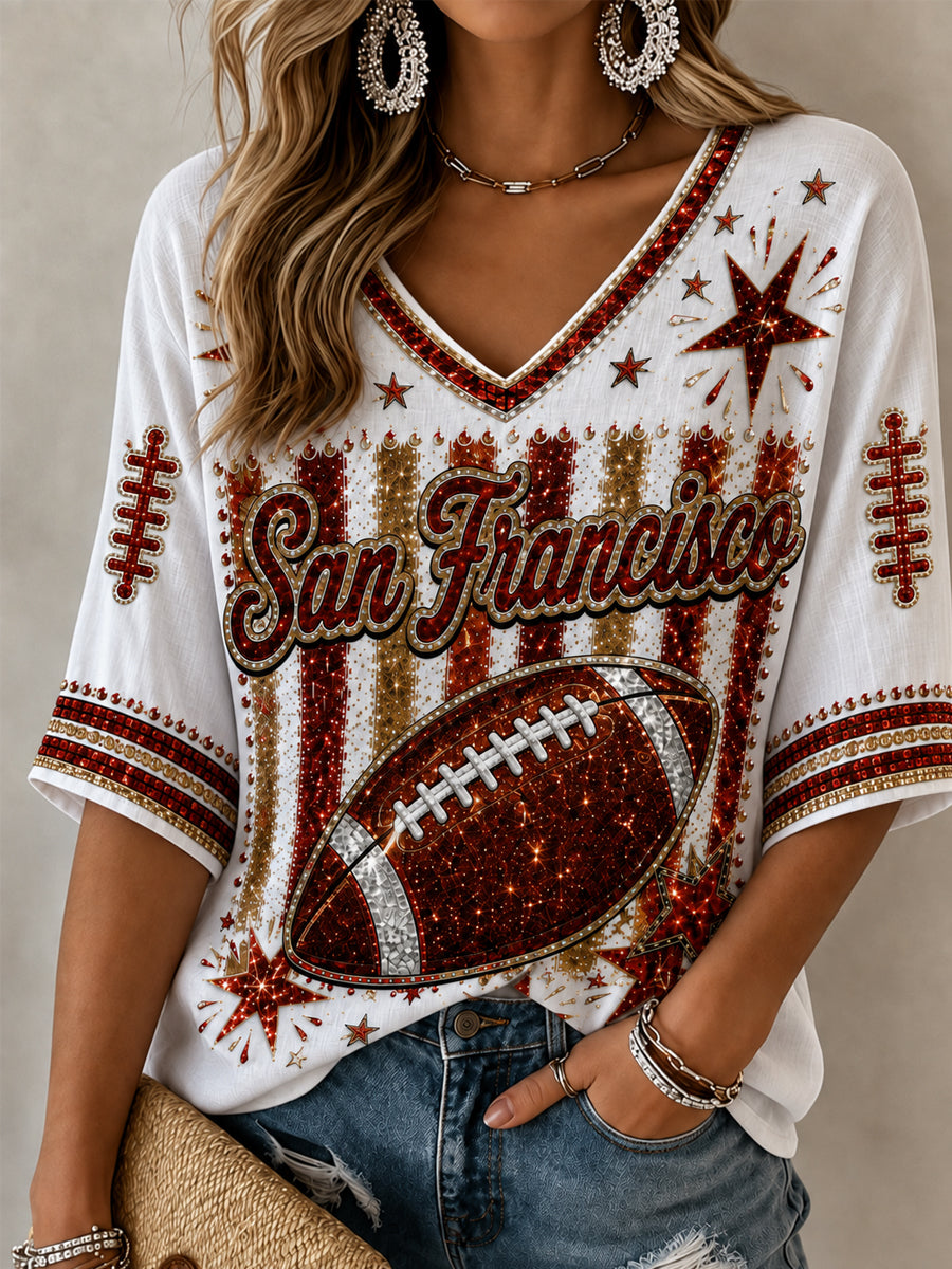 Women's Football Gameday Gift For Football Fans  Mid-length Sleeves V-Neck T-Shirt