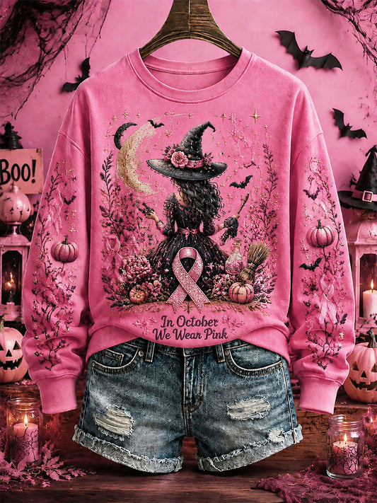 Women's Breast Cancer Awareness Halloween Witch-Themed Casual Regular Sweatshirt