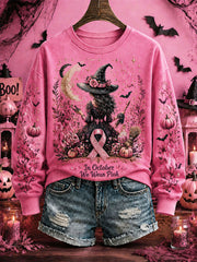 Women's Breast Cancer Awareness Halloween Witch-Themed Casual Regular Sweatshirt