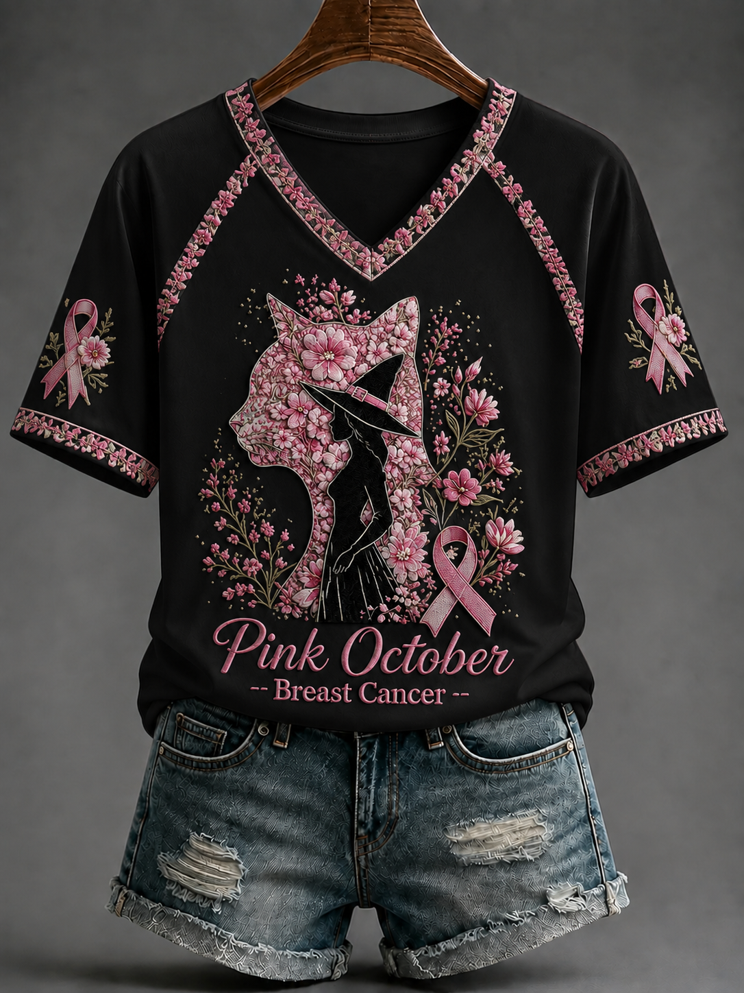 Women's Pink October Breast Cancer V-neck Off-shoulder Short-sleeved T-shirt