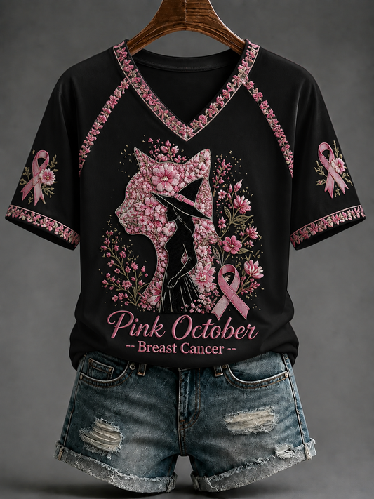 Women's Pink October Breast Cancer V-neck Off-shoulder Short-sleeved T-shirt