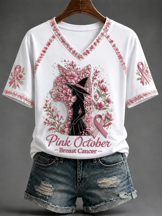 Women's Pink October Breast Cancer V-neck Off-shoulder Short-sleeved T-shirt