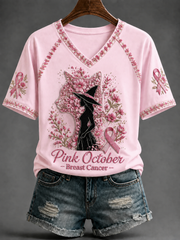 Women's Pink October Breast Cancer V-neck Off-shoulder Short-sleeved T-shirt