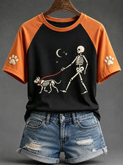 Women's Halloween Skull Dog Print Round Neck Short Sleeve T-shirt