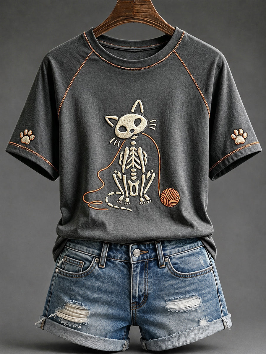 Women's Halloween Skull Cat Print Round Neck Short Sleeve T-shirt
