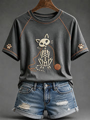 Women's Halloween Skull Cat Print Round Neck Short Sleeve T-shirt