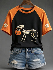Women's Halloween Skull Dog Print Round Neck Short Sleeve T-shirt
