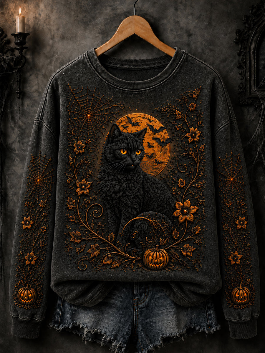 Women's Halloween Cat Print Sweatshirt