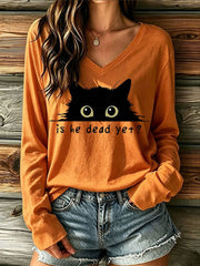 Women's Is He Dead Yet Black Cat V-Neck T-Shirt