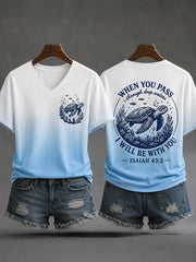 Women's When You Go Through Deep Waters, I Will Be With You Sea Turtle Print Casual V-Neck Tee