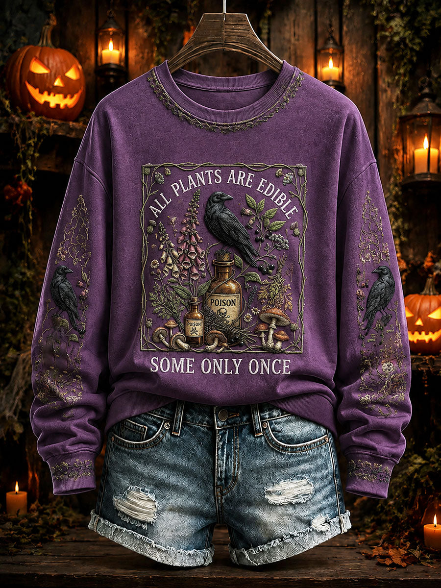 Women's "All Plants Are Edible Some Only Once" Halloween Floral Print Casual Regular Sweatshirt