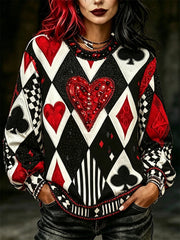 Women's Vintage Jester Inspired Poker Diamond Pattern Print Sweatshirt