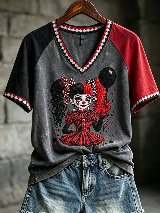 Women's Vintage Jester Inspired Diamond Pattern Print Contrast Color short-sleeved T-shirt