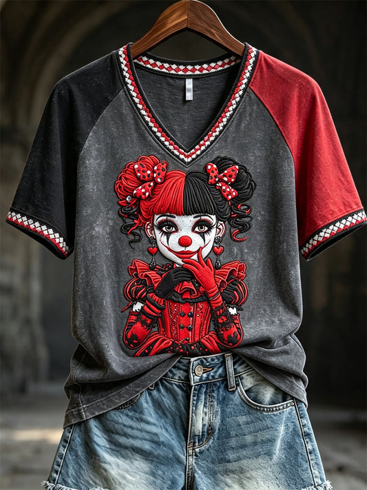 Women's Vintage Jester Inspired Diamond Pattern Print Contrast Color short-sleeved T-shirt