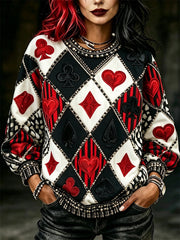Women's Vintage Jester Inspired Poker Diamond Pattern Print Sweatshirt