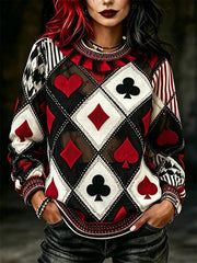 Women's Vintage Jester Inspired Poker Diamond Pattern Print Sweatshirt