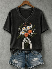 Women's Skull and Floral Print Casual T-Shirt