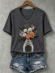 Women's Skull and Floral Print Casual T-Shirt
