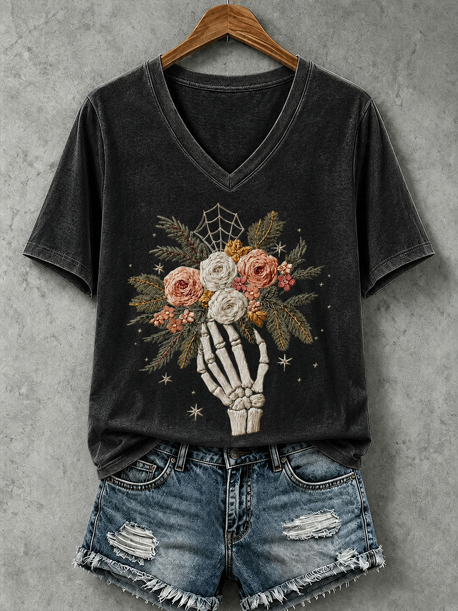 Women's Skull and Floral Print Casual T-Shirt