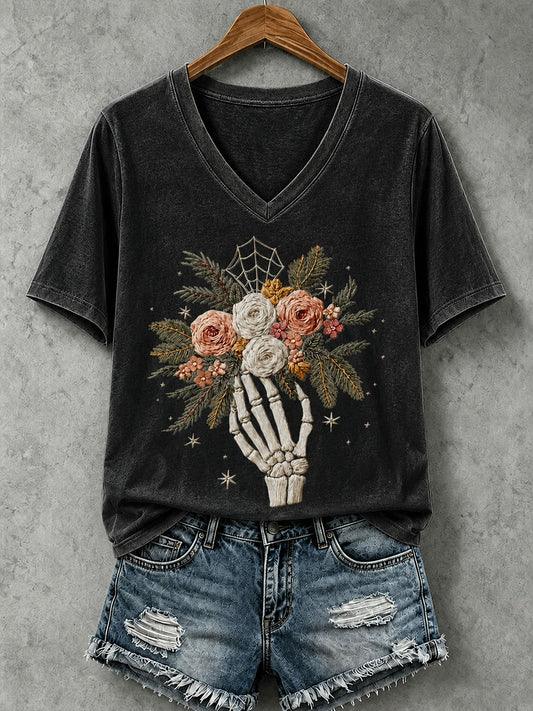 Women's Skull and Floral Print Casual T-Shirt