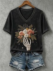 Women's Skull and Floral Print Casual T-Shirt