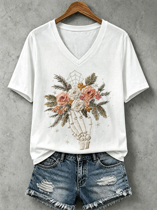 Women's Skull and Floral Print Casual T-Shirt