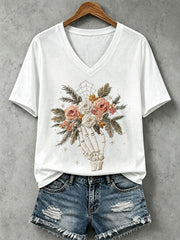 Women's Skull and Floral Print Casual T-Shirt