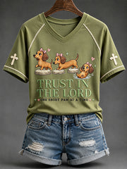 Women's Trust in the Lord Funny Christian Dachshund Print V-neck Short-sleeved T-shirt