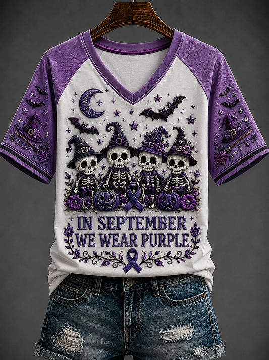 Women's In September We Wear Purple V-neck Off-shoulder Short-sleeved T-shirt