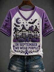 Women's In September We Wear Purple V-neck Off-shoulder Short-sleeved T-shirt