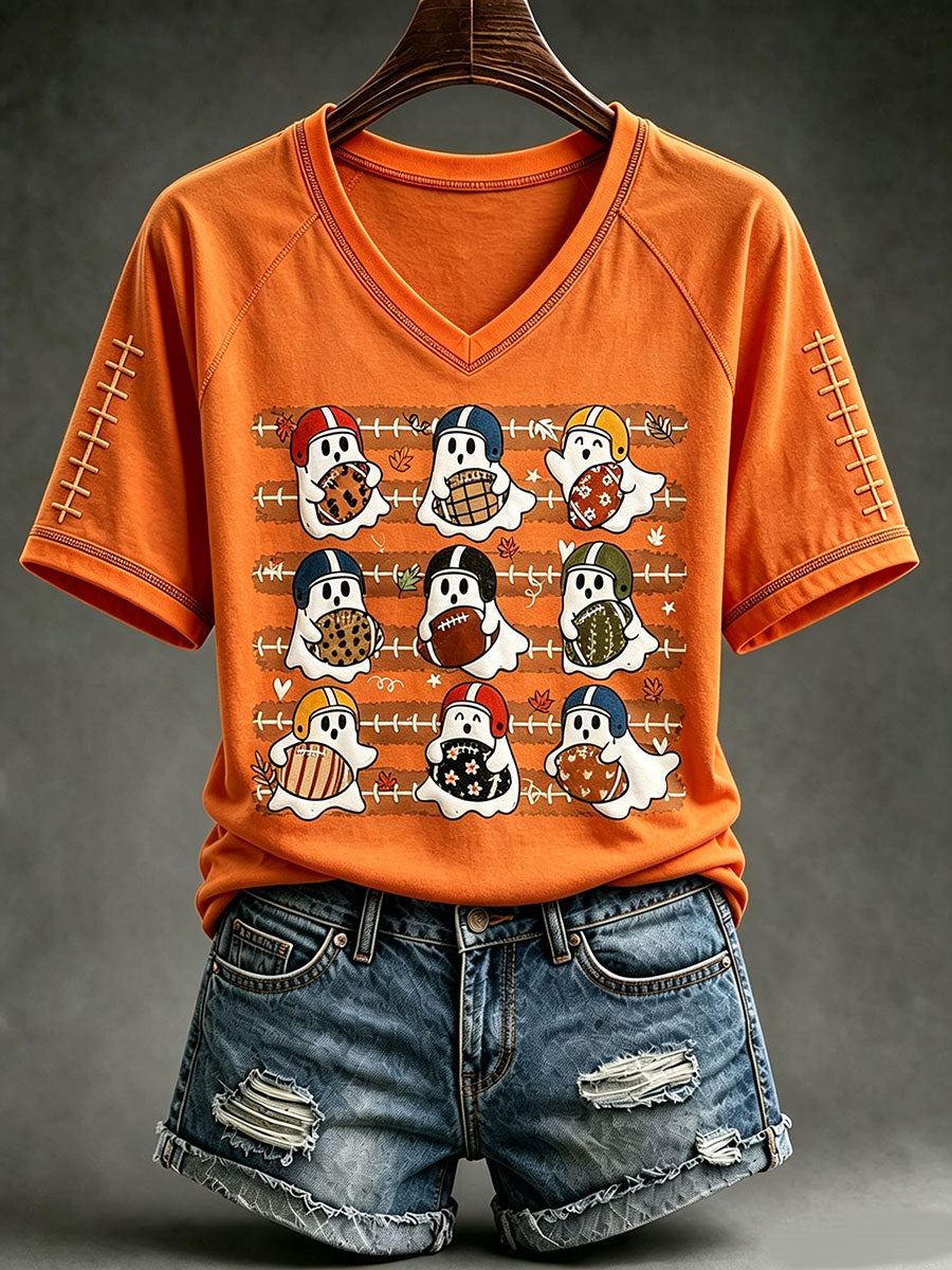 Women's Cute Football Ghost V-neck T-shirt