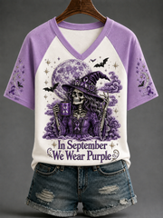 Women's In September We Wear Purple V-neck Off-shoulder Short-sleeved T-shirt