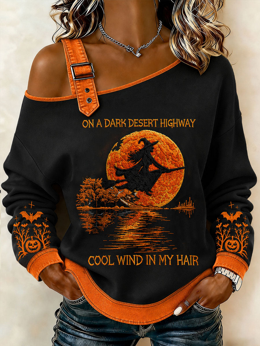 Women's Halloween Witch Pumpkin Bat Casual Off-Shoulder Sweatshirt